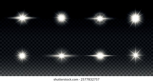 White glowing light explodes on a transparent background. Sparkling magical dust particles. Bright Star. Transparent shining sun, bright flash. Vector sparkles. To center a bright flash.