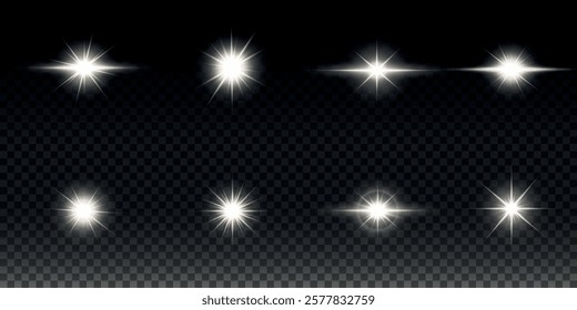 White glowing light explodes on a transparent background. Sparkling magical dust particles. Bright Star. Transparent shining sun, bright flash. Vector sparkles. To center a bright flash.