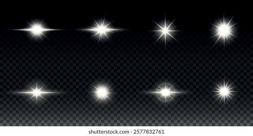 White glowing light explodes on a transparent background. Sparkling magical dust particles. Bright Star. Transparent shining sun, bright flash. Vector sparkles. To center a bright flash.