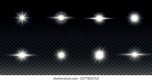 White glowing light explodes on a transparent background. Sparkling magical dust particles. Bright Star. Transparent shining sun, bright flash. Vector sparkles. To center a bright flash.