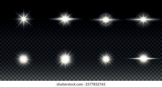 White glowing light explodes on a transparent background. Sparkling magical dust particles. Bright Star. Transparent shining sun, bright flash. Vector sparkles. To center a bright flash.