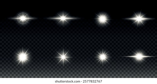 White glowing light explodes on a transparent background. Sparkling magical dust particles. Bright Star. Transparent shining sun, bright flash. Vector sparkles. To center a bright flash.