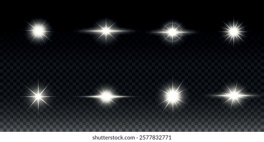 White glowing light explodes on a transparent background. Sparkling magical dust particles. Bright Star. Transparent shining sun, bright flash. Vector sparkles. To center a bright flash.