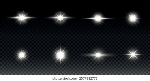 White glowing light explodes on a transparent background. Sparkling magical dust particles. Bright Star. Transparent shining sun, bright flash. Vector sparkles. To center a bright flash.