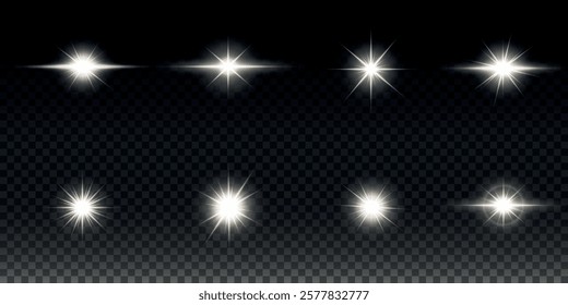 White glowing light explodes on a transparent background. Sparkling magical dust particles. Bright Star. Transparent shining sun, bright flash. Vector sparkles. To center a bright flash.