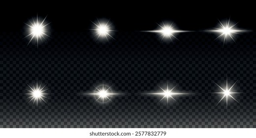 White glowing light explodes on a transparent background. Sparkling magical dust particles. Bright Star. Transparent shining sun, bright flash. Vector sparkles. To center a bright flash.