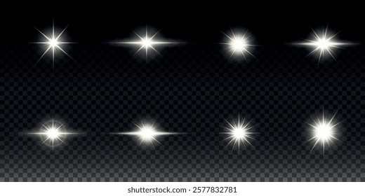 White glowing light explodes on a transparent background. Sparkling magical dust particles. Bright Star. Transparent shining sun, bright flash. Vector sparkles. To center a bright flash.