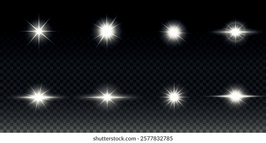 White glowing light explodes on a transparent background. Sparkling magical dust particles. Bright Star. Transparent shining sun, bright flash. Vector sparkles. To center a bright flash.