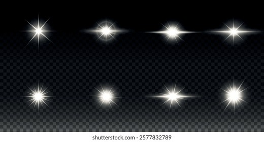 White glowing light explodes on a transparent background. Sparkling magical dust particles. Bright Star. Transparent shining sun, bright flash. Vector sparkles. To center a bright flash.