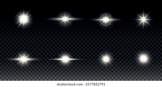 White glowing light explodes on a transparent background. Sparkling magical dust particles. Bright Star. Transparent shining sun, bright flash. Vector sparkles. To center a bright flash.