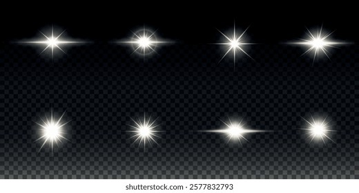 White glowing light explodes on a transparent background. Sparkling magical dust particles. Bright Star. Transparent shining sun, bright flash. Vector sparkles. To center a bright flash.