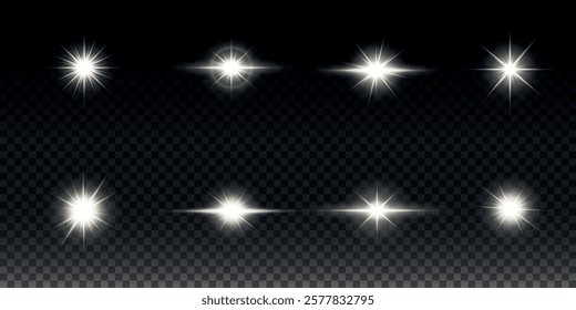 White glowing light explodes on a transparent background. Sparkling magical dust particles. Bright Star. Transparent shining sun, bright flash. Vector sparkles. To center a bright flash.