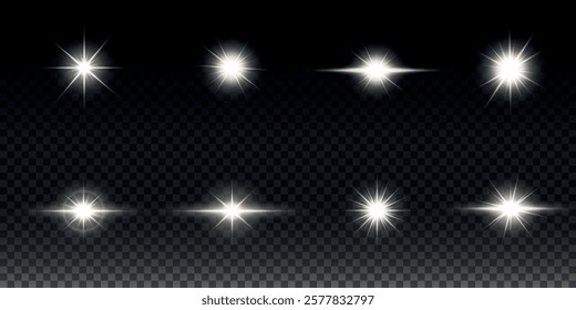 White glowing light explodes on a transparent background. Sparkling magical dust particles. Bright Star. Transparent shining sun, bright flash. Vector sparkles. To center a bright flash.