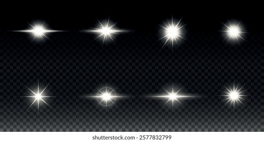 White glowing light explodes on a transparent background. Sparkling magical dust particles. Bright Star. Transparent shining sun, bright flash. Vector sparkles. To center a bright flash.