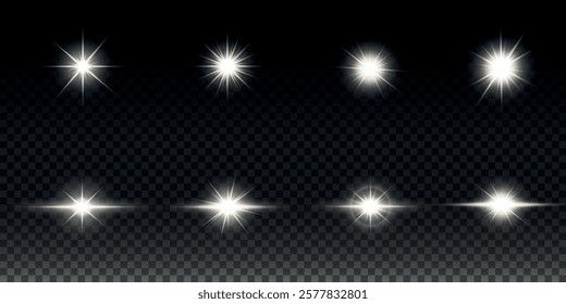 White glowing light explodes on a transparent background. Sparkling magical dust particles. Bright Star. Transparent shining sun, bright flash. Vector sparkles. To center a bright flash.