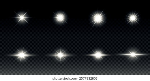 White glowing light explodes on a transparent background. Sparkling magical dust particles. Bright Star. Transparent shining sun, bright flash. Vector sparkles. To center a bright flash.