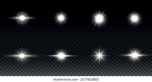 White glowing light explodes on a transparent background. Sparkling magical dust particles. Bright Star. Transparent shining sun, bright flash. Vector sparkles. To center a bright flash.