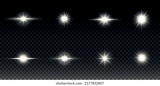 White glowing light explodes on a transparent background. Sparkling magical dust particles. Bright Star. Transparent shining sun, bright flash. Vector sparkles. To center a bright flash.