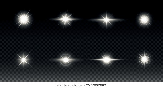 White glowing light explodes on a transparent background. Sparkling magical dust particles. Bright Star. Transparent shining sun, bright flash. Vector sparkles. To center a bright flash.