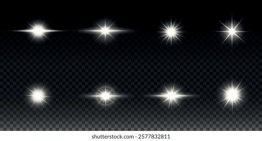 White glowing light explodes on a transparent background. Sparkling magical dust particles. Bright Star. Transparent shining sun, bright flash. Vector sparkles. To center a bright flash.