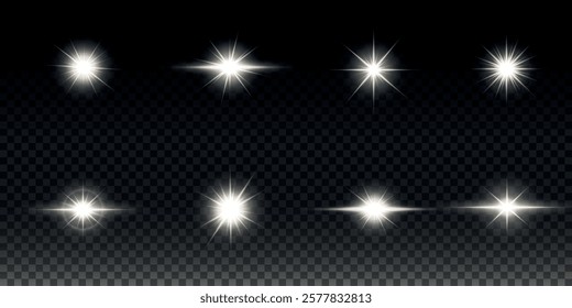 White glowing light explodes on a transparent background. Sparkling magical dust particles. Bright Star. Transparent shining sun, bright flash. Vector sparkles. To center a bright flash.