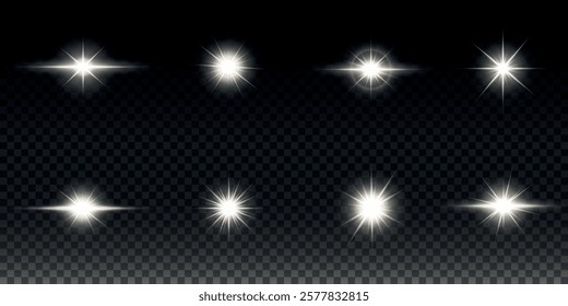 White glowing light explodes on a transparent background. Sparkling magical dust particles. Bright Star. Transparent shining sun, bright flash. Vector sparkles. To center a bright flash.