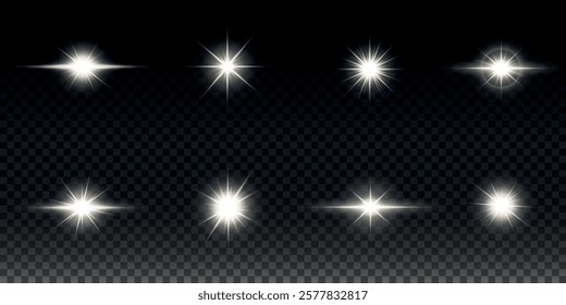 White glowing light explodes on a transparent background. Sparkling magical dust particles. Bright Star. Transparent shining sun, bright flash. Vector sparkles. To center a bright flash.