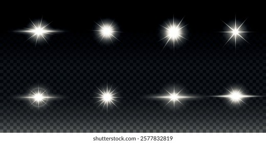 White glowing light explodes on a transparent background. Sparkling magical dust particles. Bright Star. Transparent shining sun, bright flash. Vector sparkles. To center a bright flash.