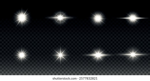 White glowing light explodes on a transparent background. Sparkling magical dust particles. Bright Star. Transparent shining sun, bright flash. Vector sparkles. To center a bright flash.