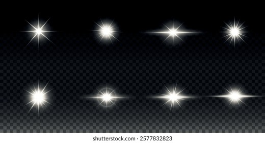 White glowing light explodes on a transparent background. Sparkling magical dust particles. Bright Star. Transparent shining sun, bright flash. Vector sparkles. To center a bright flash.