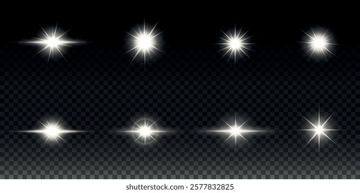 White glowing light explodes on a transparent background. Sparkling magical dust particles. Bright Star. Transparent shining sun, bright flash. Vector sparkles. To center a bright flash.