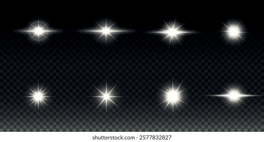 White glowing light explodes on a transparent background. Sparkling magical dust particles. Bright Star. Transparent shining sun, bright flash. Vector sparkles. To center a bright flash.