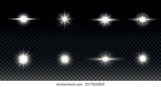 White glowing light explodes on a transparent background. Sparkling magical dust particles. Bright Star. Transparent shining sun, bright flash. Vector sparkles. To center a bright flash.