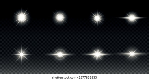 White glowing light explodes on a transparent background. Sparkling magical dust particles. Bright Star. Transparent shining sun, bright flash. Vector sparkles. To center a bright flash.