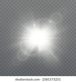 White glowing light explodes on a transparent background. Bright Star. Transparent shining sun, bright flash. Vector graphics.	