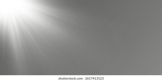 White glowing light explodes on a transparent background. with ray. Transparent shining sun, bright flash. Special lens flare light effect.	