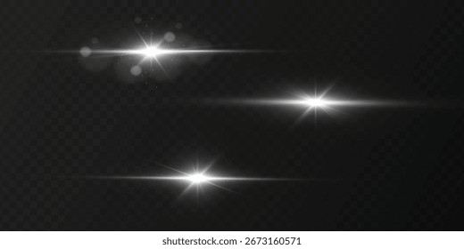 White glowing light explodes on a blue background. Sparkling magical dust particles. Bright Star. Transparent shining sun, bright flash. Vector sparkles. To center a bright flash