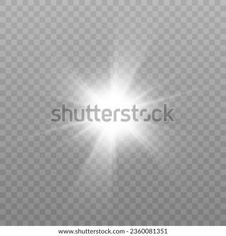 White glowing light explodes on a transparent background. Bright Star. Transparent shining sun, bright flash. Vector graphics.	