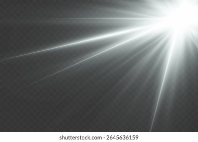  A luz branca brilhante explode com raios brilhantes e clarões de lente. Em um plano de fundo transparente