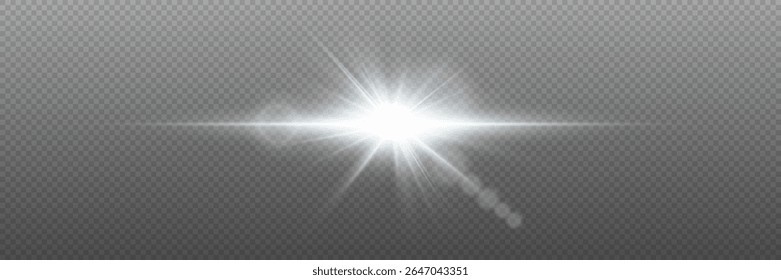 White glowing light explodes with shining rays and lens flares. On a transparent background