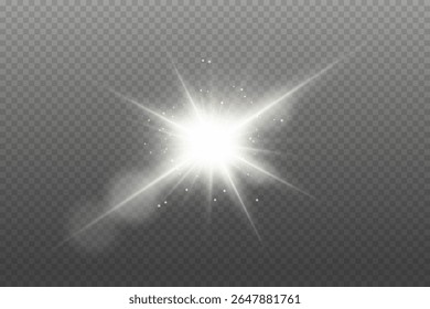 White glowing light explodes with shining rays and lens flares. On a transparent background