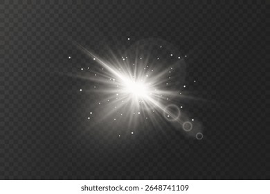 White glowing light explodes with shining rays and lens flares. On a transparent background