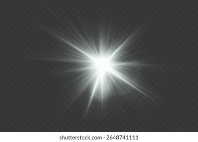White glowing light explodes with shining rays and lens flares. On a transparent background