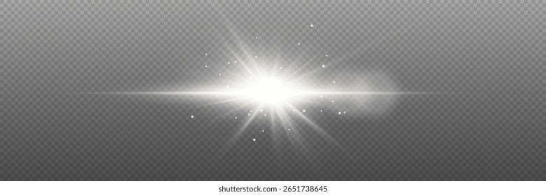 White glowing light explodes with shining rays and lens flares. On a transparent background