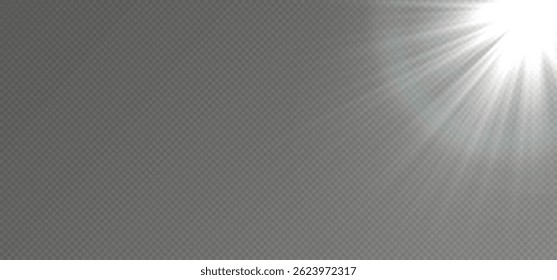 White Glowing Light Explosion with Rays on Transparent Background. Bright Flash, Sun Flare, Shining Sunburst, Sparkle Glow, Star Flash, Lens Light Effect, Flash Overlay