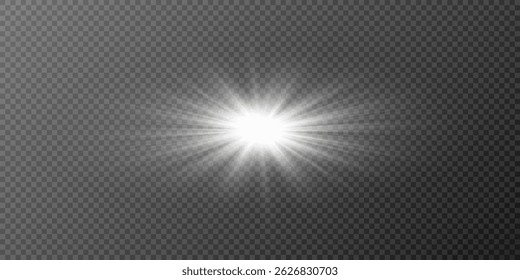 White Glowing Light Explosion with Rays on Transparent Background. Bright Flash, Sun Flare, Shining Sunburst, Sparkle Glow, Star Flash, Lens Light Effect, Flash Overlay