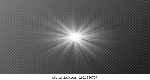 White Glowing Light Explosion with Rays on Transparent Background. Bright Flash, Sun Flare, Shining Sunburst, Sparkle Glow, Star Flash, Lens Light Effect, Flash Overlay