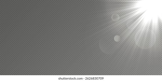 White Glowing Light Explosion with Rays on Transparent Background. Bright Flash, Sun Flare, Shining Sunburst, Sparkle Glow, Star Flash, Lens Light Effect, Flash Overlay