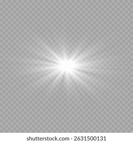 White Glowing Light Explosion with Rays on Transparent Background. Bright Flash, Sun Flare, Shining