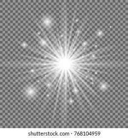 White glowing light explosion with transparent background. Vector illustration. Bright star. Shining flare.